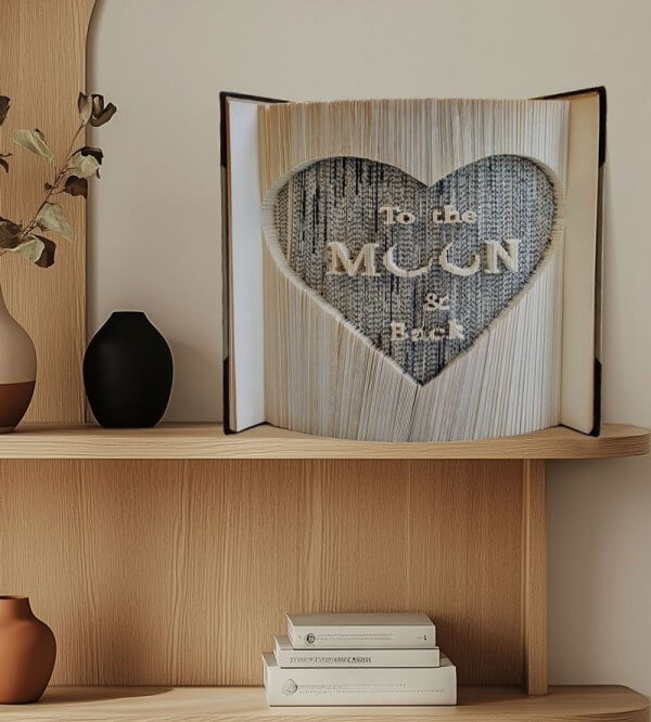 ספר מפוסל עם לב ובתוכו המשפט LOVE YOU TO THE MOON AND BACK - מתנה לאשה אומנות ישראלית מבית שאגא